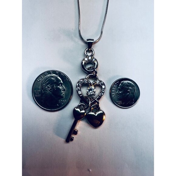 Sterling Silver 925 Heart Key Pendant Necklace with Sparkling Stones 18" - Picture 6 of 11